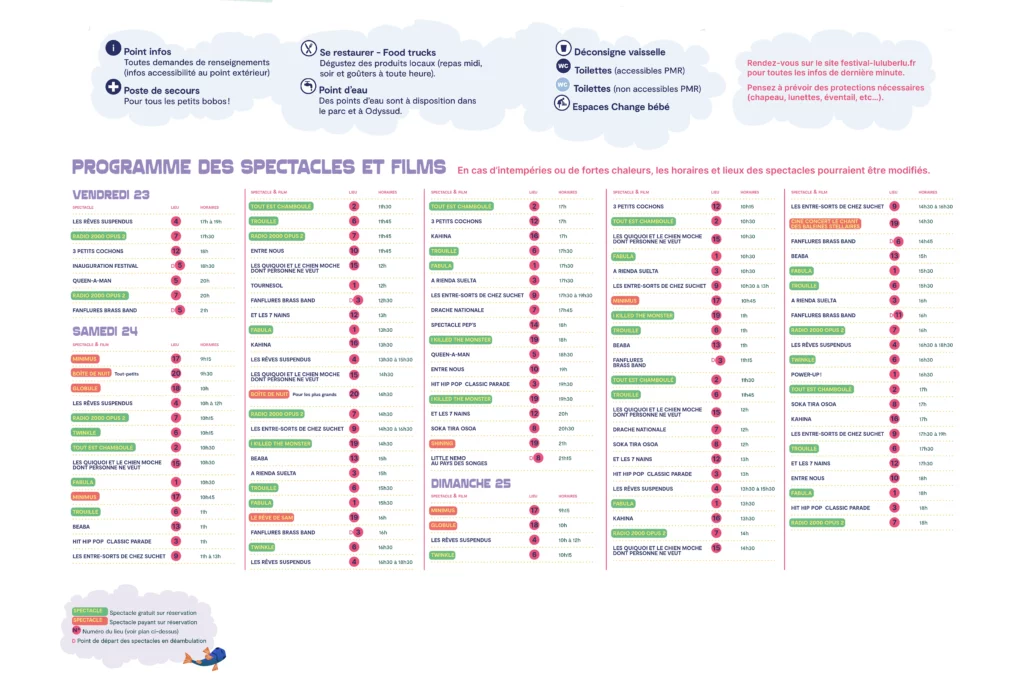 legende plan du festival avec nom des spectacles et lieux associés